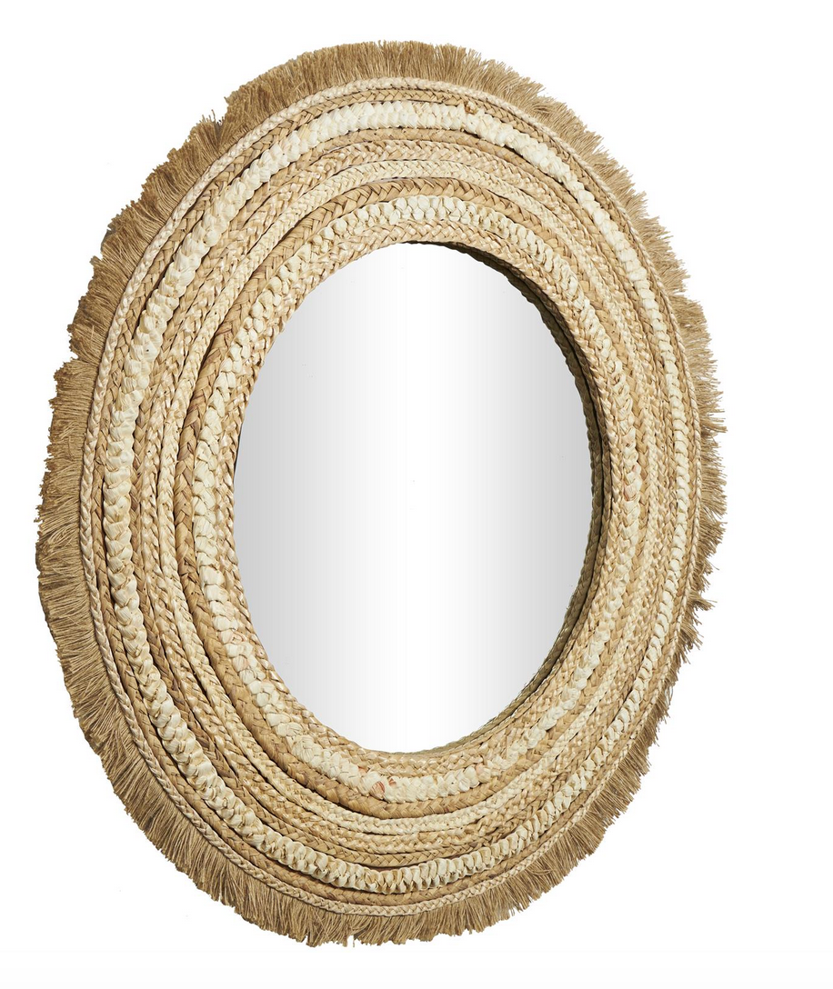 Beige Wood Woven Wall Mirror with Fringe Ends