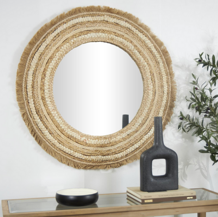 Beige Wood Woven Wall Mirror with Fringe Ends