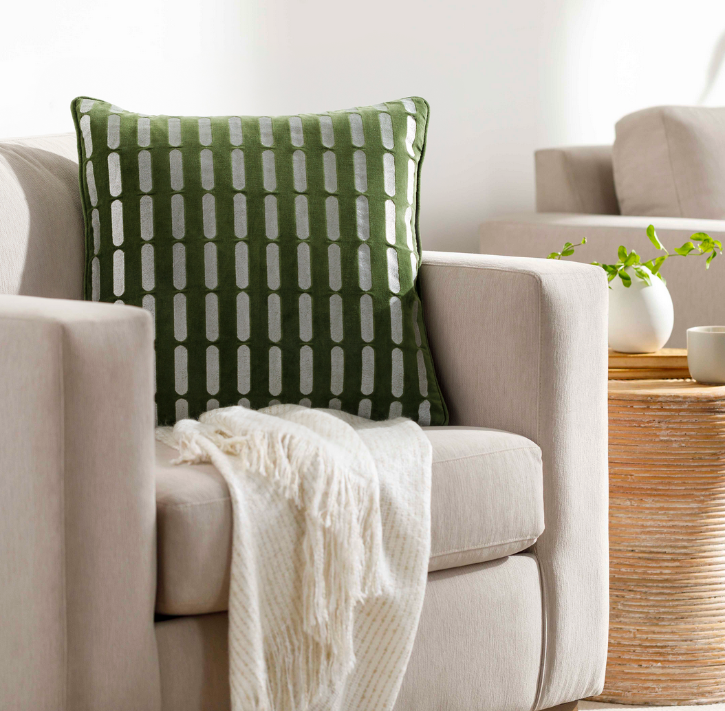 Green Velvet with Cream Pattern Down Pillow - Charmed House Interiors (Kansas City, MO)