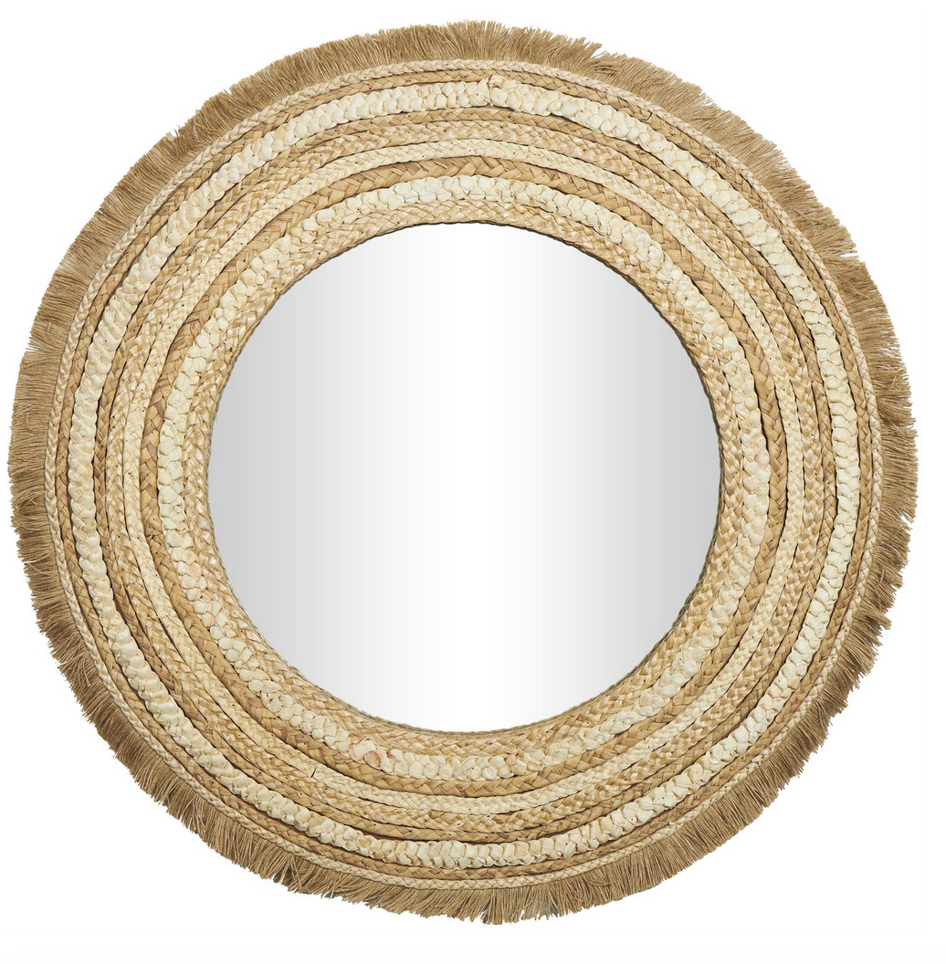 Beige Wood Woven Wall Mirror with Fringe Ends - Charmed House Interiors (Kansas City, MO)