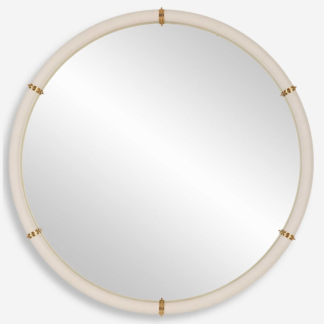 43"R Cyprus White Leather Round Mirror - Charmed House Interiors (Kansas City, MO)